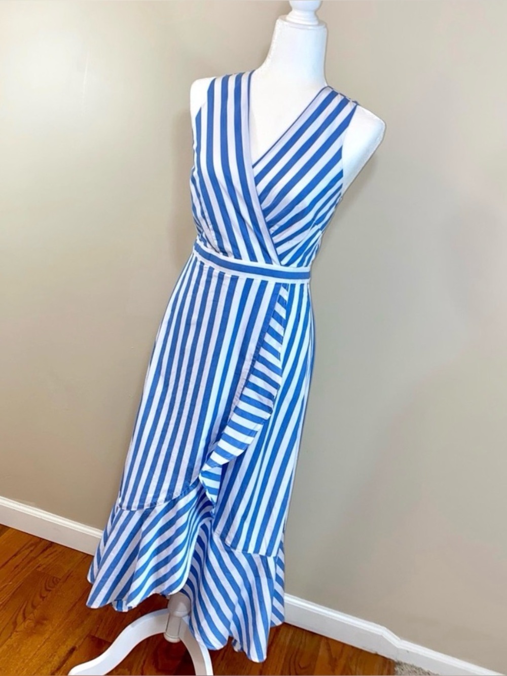 J Crew blue striped long nautical tiered faux leather wrap maxi dress, size 2 - Picture 4 of 11